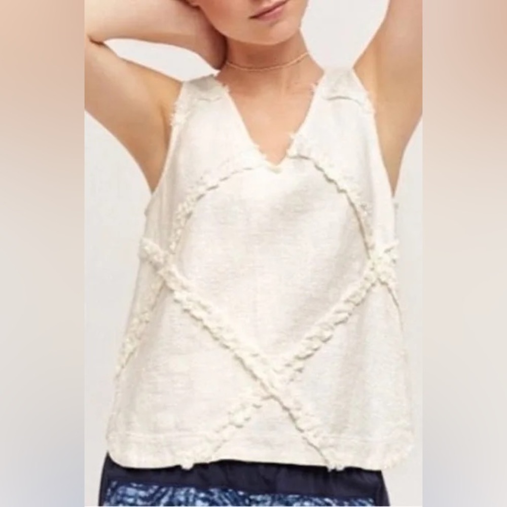 ANTHROPOLOGIE HD in Paris Crosshatch Fringe Linen Tank size 14